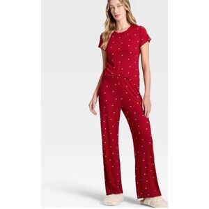 Auden Modal Soft size L heart Red Pointelle Short Sleeve top & Pants Pajama Set